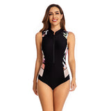 Sleeveless Swimsuit Coverup for Women One Piece Rash Guard Bathing Suit Women's athletic Swimwear zipper printed