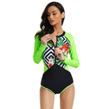 Lulunesy one piece front zipper floral print swimsuit green surf suit