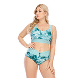 Women's Plus Size Two Piece Wide Strap Leaf Pattern Bottoms Swimsuit
