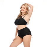 Women's Plus Size Two Piece Black Fishnet Triangle Bottoms Swimsuit