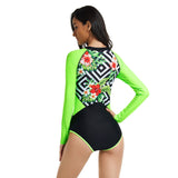 Lulunesy one piece front zipper floral print swimsuit green surf suit